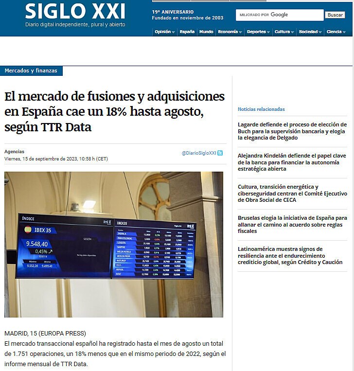 El mercado de fusiones y adquisiciones en Espaa cae un 18% hasta agosto, segn TTR Data